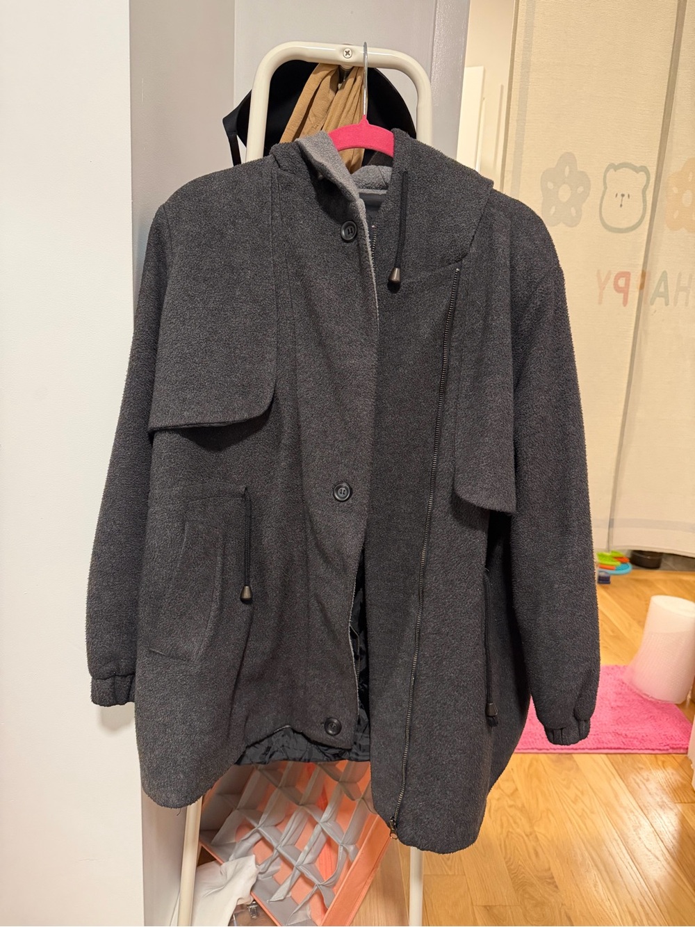 Charcoal Gray Hooded Wool-Blend Coat